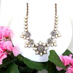 Crystal and White Enamel Floral Design Vintage Statement Necklace